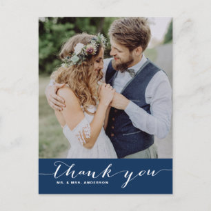 Cartão Postal Azul Marinho Script Wedding Obrigado Cartão-Post