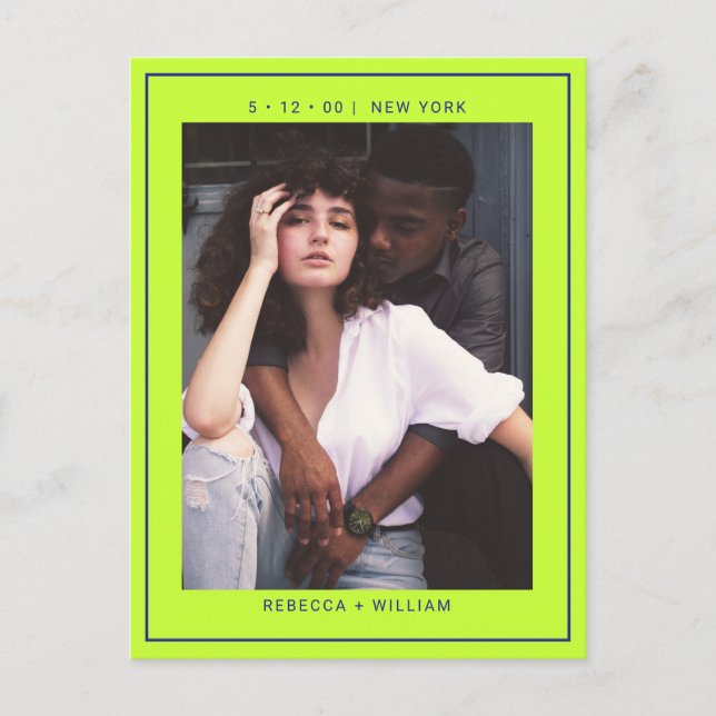 Cartão Postal Azul marinho verde simples foto casamento salvar a (Frente)