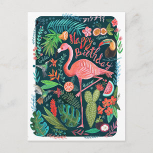 Cartão Postal Azul Moderno e Flamingo Rosa pintado Aniversário