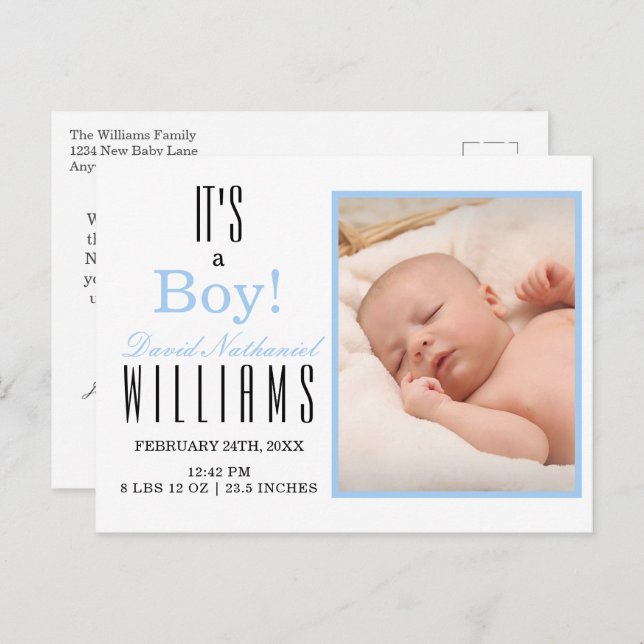 Cartão Postal Azul moderno é um MENINO! Anúncio de Nascimento do (Frente/Verso)
