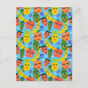 Cartão Postal Azul-padrão de salada de Fruta engraçada