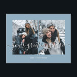 Cartão Postal Azul Personalizado 2 fotos Saudações Universais<br><div class="desc">Azul claro e empoeirado personalizado 2 melhores amigos, casamentos ou fotos de família Universal Saudações Cartões-postais com uma colagem de fotos na moda com 2 imagens personalizadas, sua mensagem de saudações em uma fonte elegante de script manuscrito, seu nome, data, ano, mensagem no verso em uma fonte sans simples e...</div>