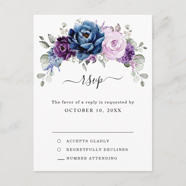 Cartão Postal Azul Púrpura Lilás Roxo Flores de Casamento RSVP (Frente)