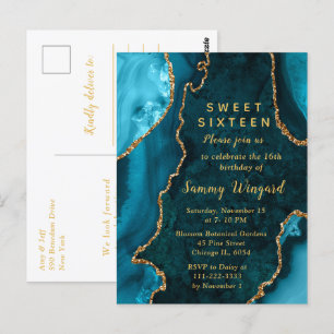 Cartão Postal Azul Turquesa e Mármore de Ágata Sweet Sixteen