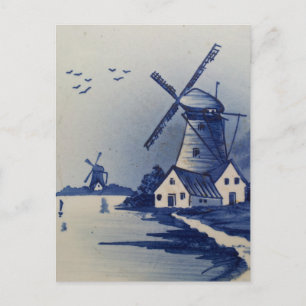 Cartão Postal Azul Vintage Delft Moinho de Vento Branco