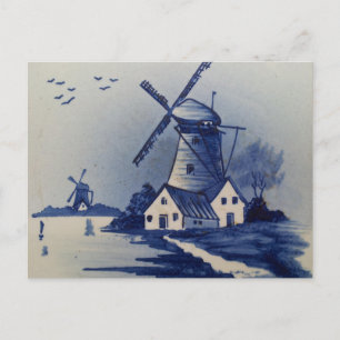 Cartão Postal Azul Vintage Delft Moinho de Vento Branco