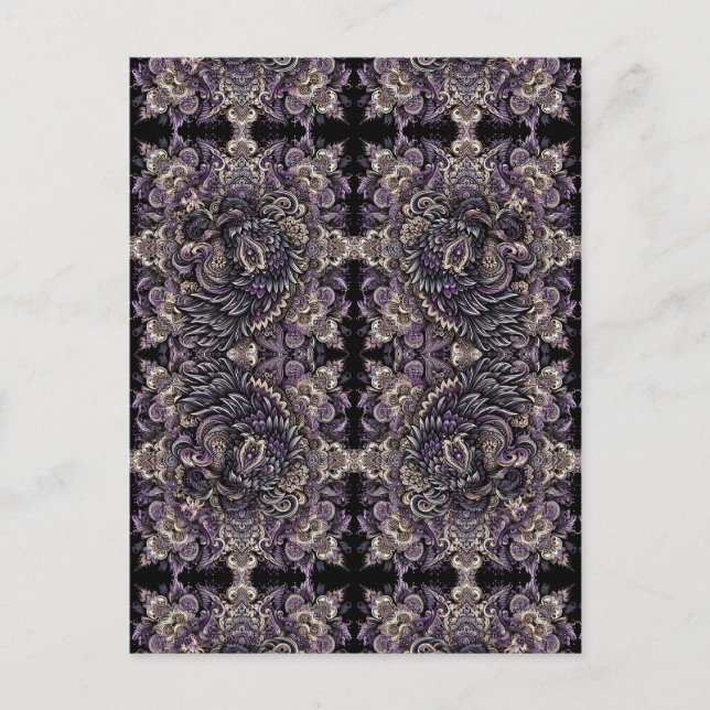Cartão Postal Azulejo de Tesselaçāo de Corvo em Batik Preto Roxo (Frente)