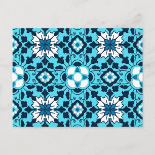 Cartão Postal Azulejo Floral marroquino, Indigo, Sky Blue e Whit