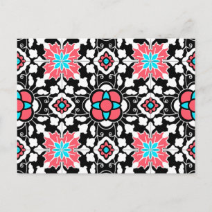 Cartão Postal Azulejo floral marroquino, preto, branco e rosa-co