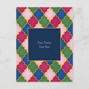 Cartão Postal Azulejo Marroquino Rosa (fundo azul) Personalizado