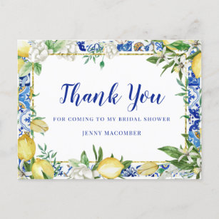 Cartão Postal Azulejo Mosaico Azul-Floral Branco Lemon Obrigado