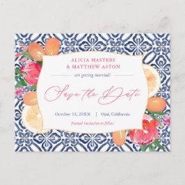 Cartão Postal Azulejos Brancos Azuis Citrus Rosa Casamento Salva