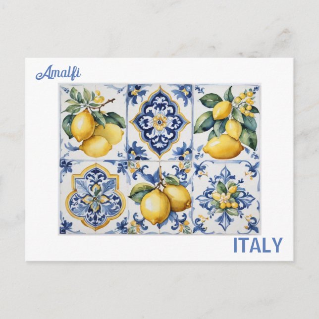 Cartão Postal Azulejos brancos, azuis-da-costa italiana Amalfi (Frente)