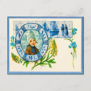 Cartão Postal Azulejos Vintage Dutch costulme e Blue Delft