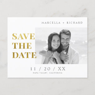 Cartão Postal B&W Casamento de Foto Dourado Minimalista Salvar a