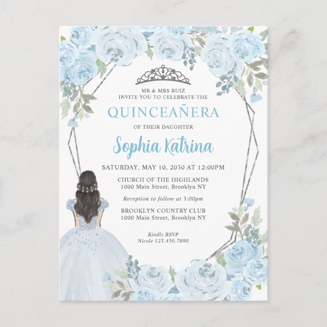 Cartão Postal Baby Blue Silver Princesa Floral Quinceañera (Frente)