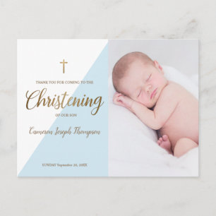 Cartão Postal Baby Boy Modern Blue Photo Christening Obrigado
