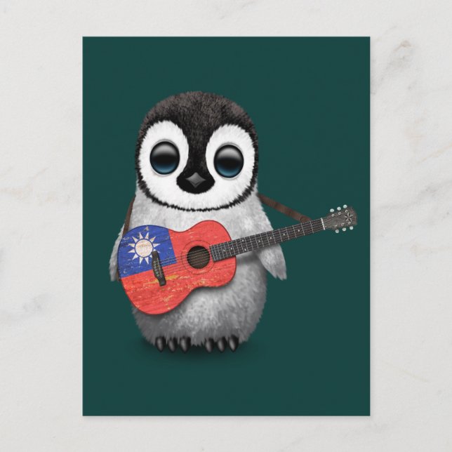 Cartão Postal Baby Penguin Tocando Bandeira de Taiwan Teal de Vi (Frente)