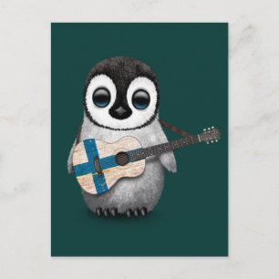Cartão Postal Baby Penguin Tocando Bandeira Finlandesa