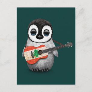 Cartão Postal Baby Penguin Tocando Bandeira Libanesa