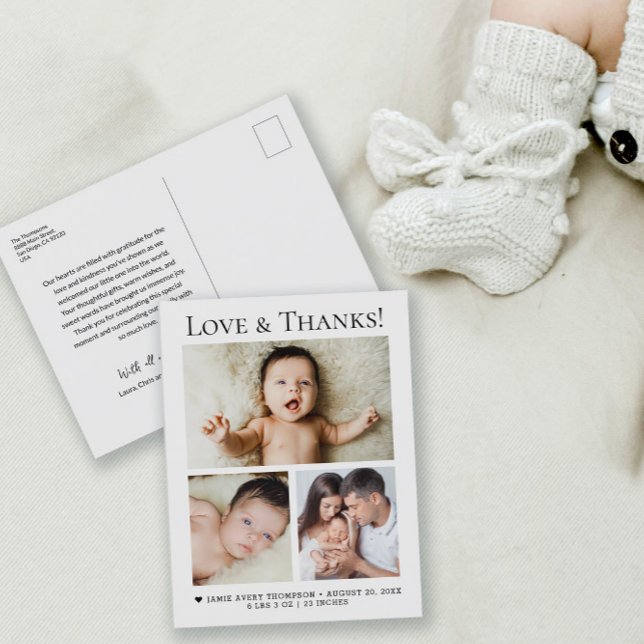 Cartão Postal Baby Photo Love and Obrigados Anúncio de nasciment (Minimalist, modern Love and thanks, heart birth announcement 3 photo postcard.)