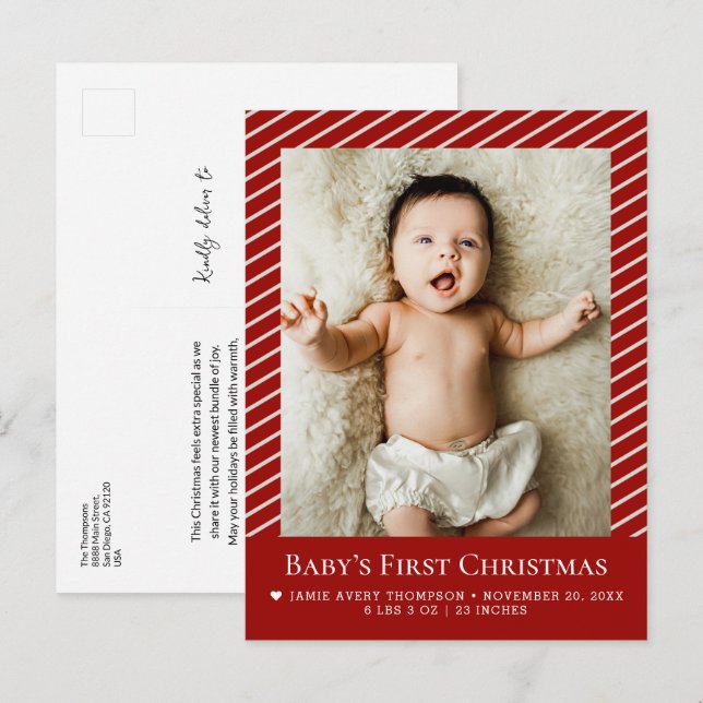 Cartão Postal Baby’s First Christmas Custom Photo Birth Stat (Frente/Verso)