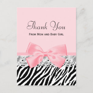 Cartão Postal Baby Thank You Pink Ribbon and Lace Zebra Print