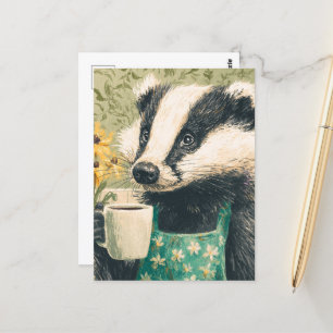 Cartão Postal Badger Adorável com Café