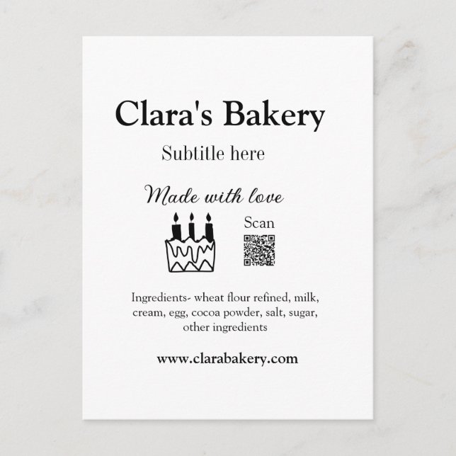 Cartão Postal Bagaço de padaria adiciona ingredientes feitos com (Frente)