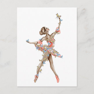 Cartão Postal Bailarina dançante em aquarela com borboleta 