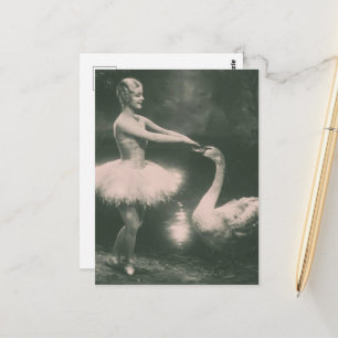 Cartão Postal Bailarina e Cisne Fotografia Vintage Falsa
