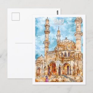 Cartão Postal Baku Azerbaijão Viagem Place Watercolor