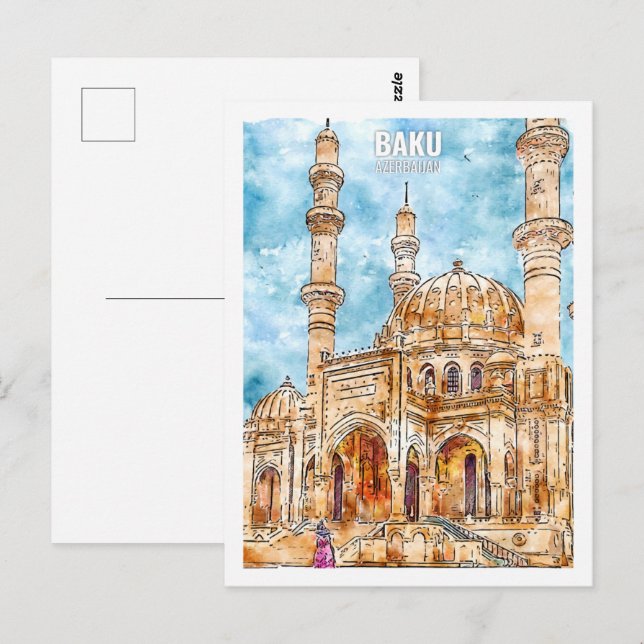Cartão Postal Baku Azerbaijão Viagem Place Watercolor (Frente/Verso)