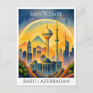 Cartão Postal Baku Azerbaijão Watercolor Salva a Data