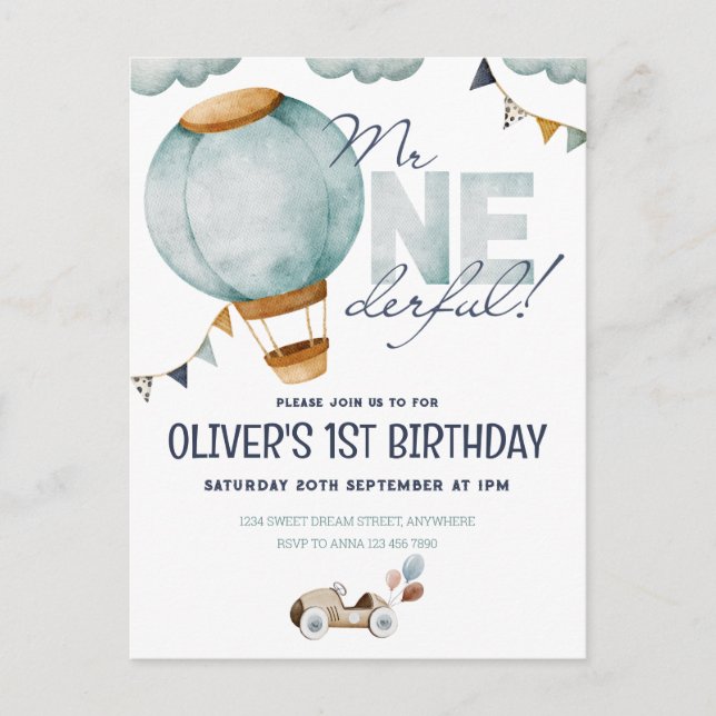 Cartão Postal Balão de Ar Quente Azul Aquarela Menino Mr ONEderf (Frente)