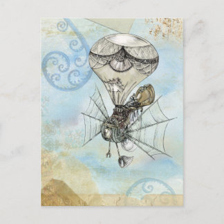 Cartão Postal Balão de Ar Quente Vintage Steampunk design azul