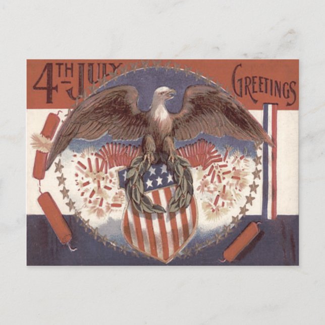 Cartão Postal Bald Eagle Wreath American Shield Fireworks (Frente)