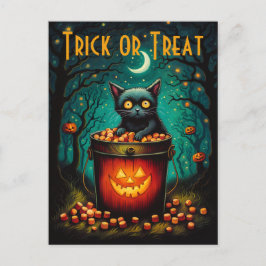 Cartão Postal Balde De Doces E Halloween De Gato Negro
