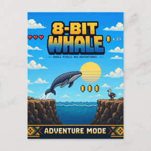 Cartão Postal Baleia, Arte Pixel Retro de 8 Bits
