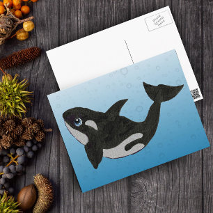 Cartão Postal Baleia Assassina de Desenho Animado Fofo em Bolhas