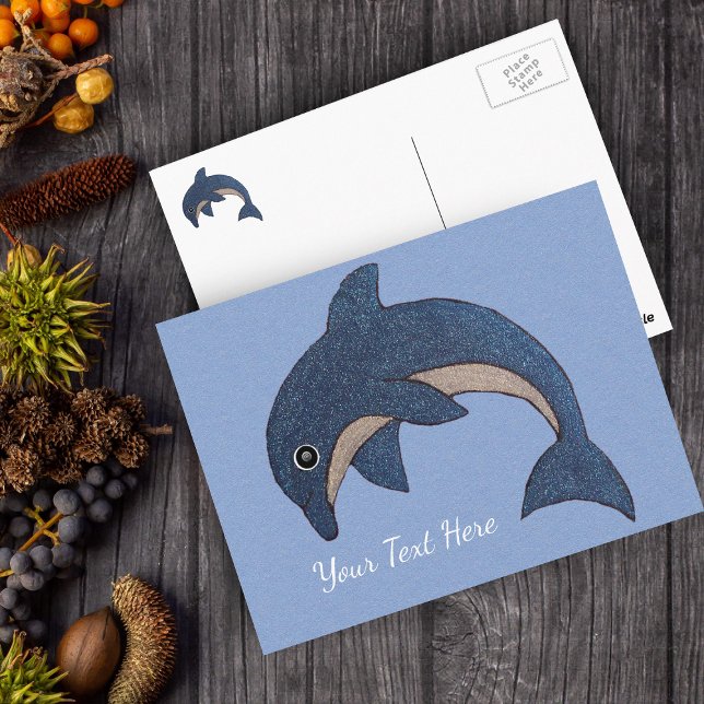 Cartão Postal Baleia Azul Do Oceano Fundido Como Golfinho Pulver (Sparkle dark blue and white jumping dolphin on light blue postcard.)