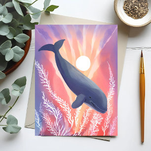 Cartão Postal Baleia Azul   Tons Oceânicos Animal Aquarela