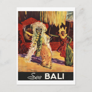Cartão Postal Bali, máscara tradicional, dança, viagem vintage