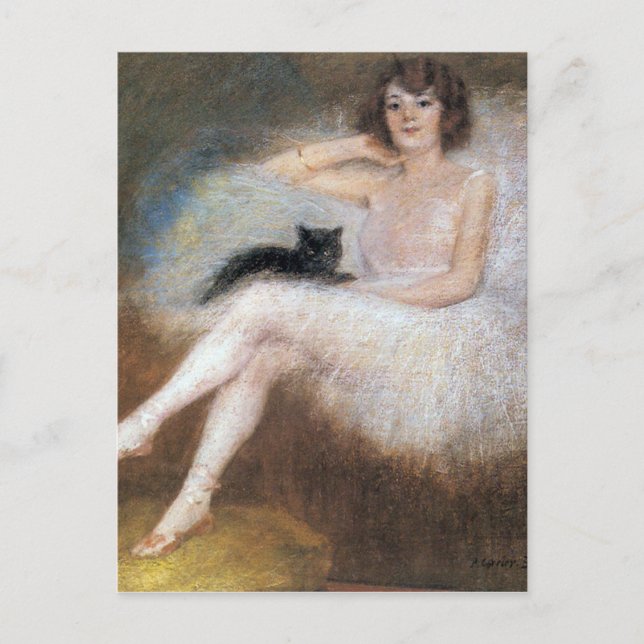 Cartão Postal Ballerina com Gato Negro, Pierre Carrier-Belleuse (Frente)