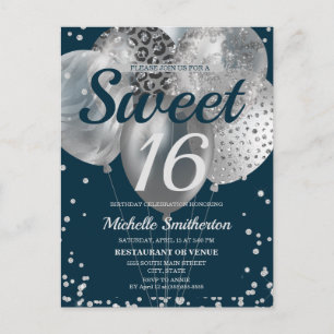 Cartão Postal Balões Brilhantes Azul Naval Prata Sweet 16
