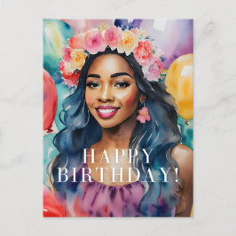 Cartão Postal Balões Coloridos de Aniversário de Mulher Africana