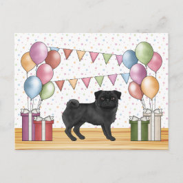 Cartão Postal Balões de Aniversário Coloridos Pastel com Pug Pre