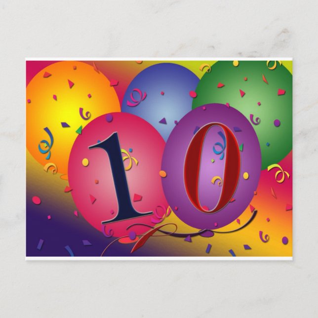 Cartão Postal Balões de aniversário de 10 anos! (Frente)