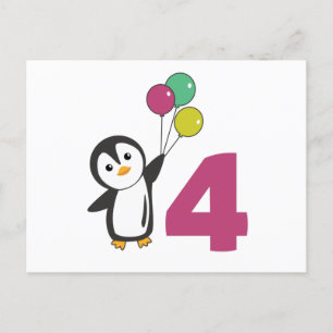 Cartão Postal Balões de Aniversário de Quatro Anos de Pinguim pa