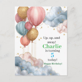 Cartão Postal Balões de ar quente com aquarela e nuvens de brilh